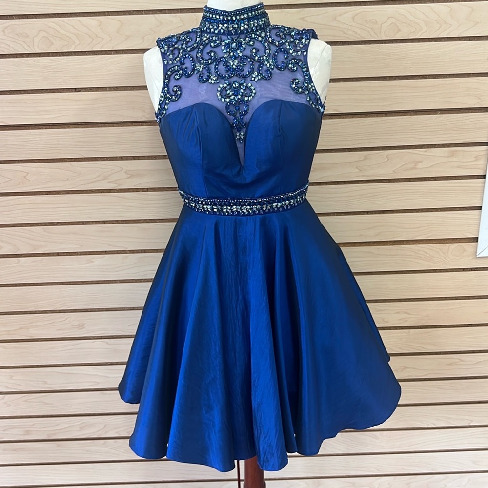 SHERRI HILL, SIZE 0 ROYAL BLUE BEADED SHORT DRESS